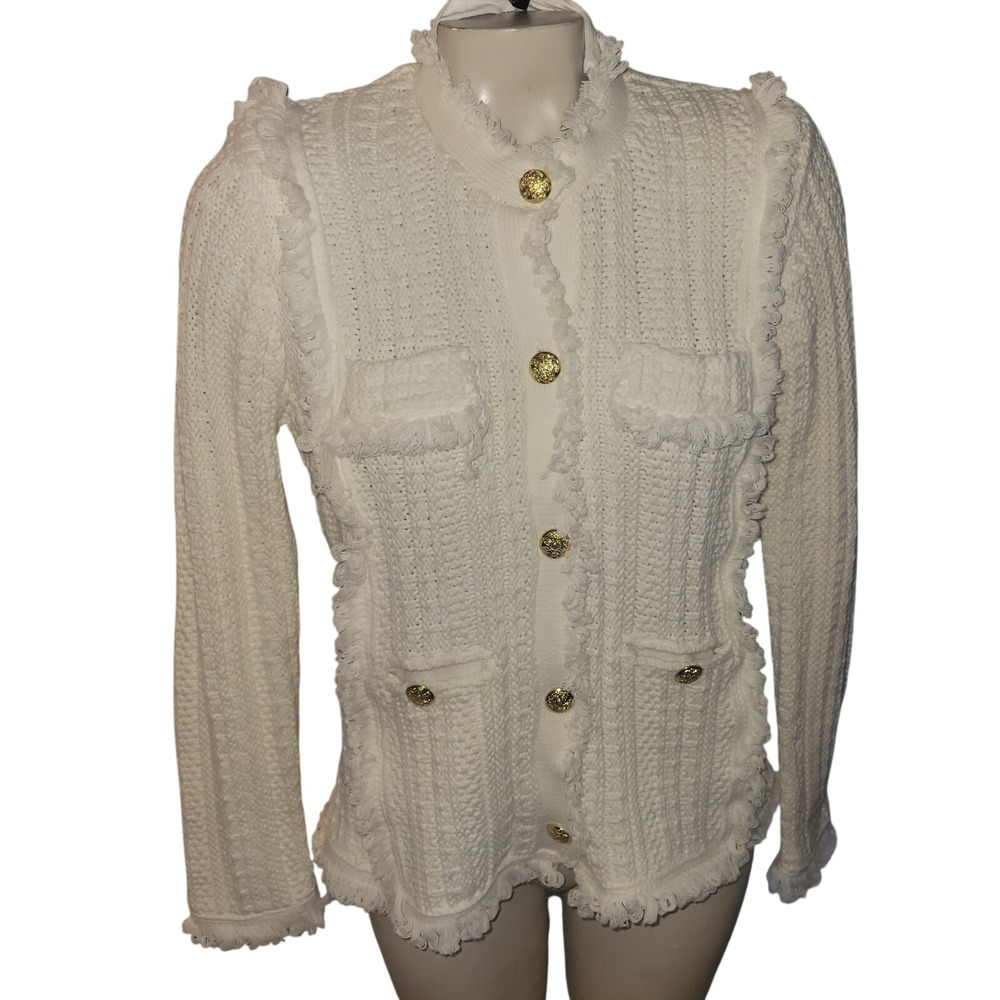 Tahari NEW White Textured Knit Fringe Button Front Blazer Jacket S Designer